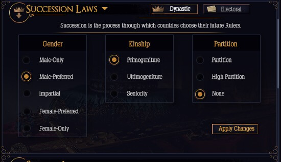 Screenshot of the Succession Laws screen
