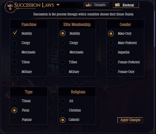 Screenshot of the Succession Laws screen