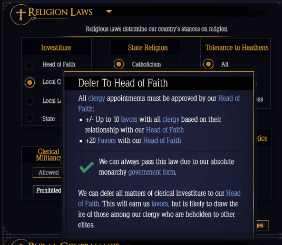 Investiture law dropdown screenshot