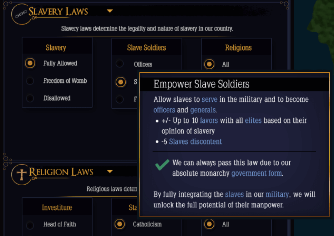 Slave soldiers law dropdown screenshot